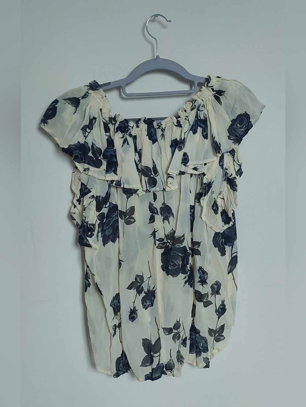 Floral Ruffle Tie-Neck Blouse - Cream with Navy Roses - Picture 4 of 6